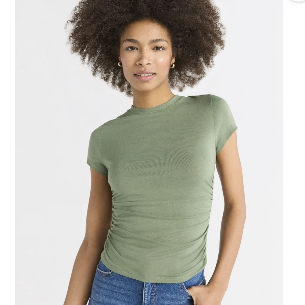 Women’s Sofia Vergara Olive Green Short Sleeve Ruched side Tee Sz L NWT